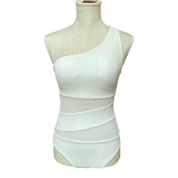 Carmen Marc Valvo White Mesh Panel One Shoulder One Piece Swimsuit Size 10 - Picture 1 of 10